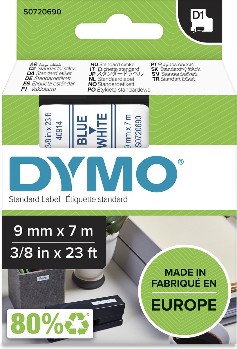 Etichette Dymo originali d1 | testo blu su etichetta bianca | 9 mm x 7 m | etichette autoadesive per la stampante per etichette Label Manager | prodotto in Europa