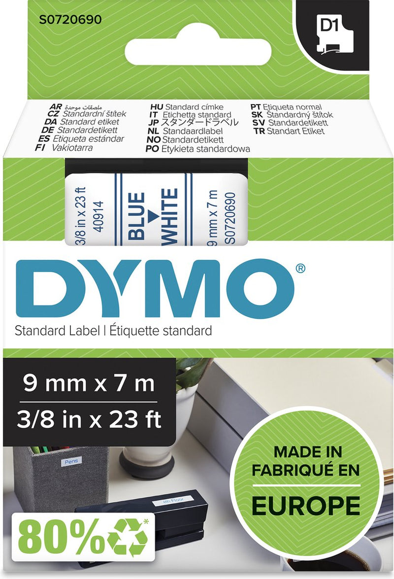 Etichette Dymo originali d1 | testo blu su etichetta bianca | 9 mm x 7 m | etichette autoadesive per la stampante per etichette Label Manager | prodotto in Europa