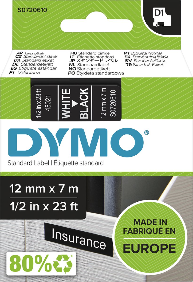 Nastri dymo d1 poliestere 12mmx7m bianco-nero lucido