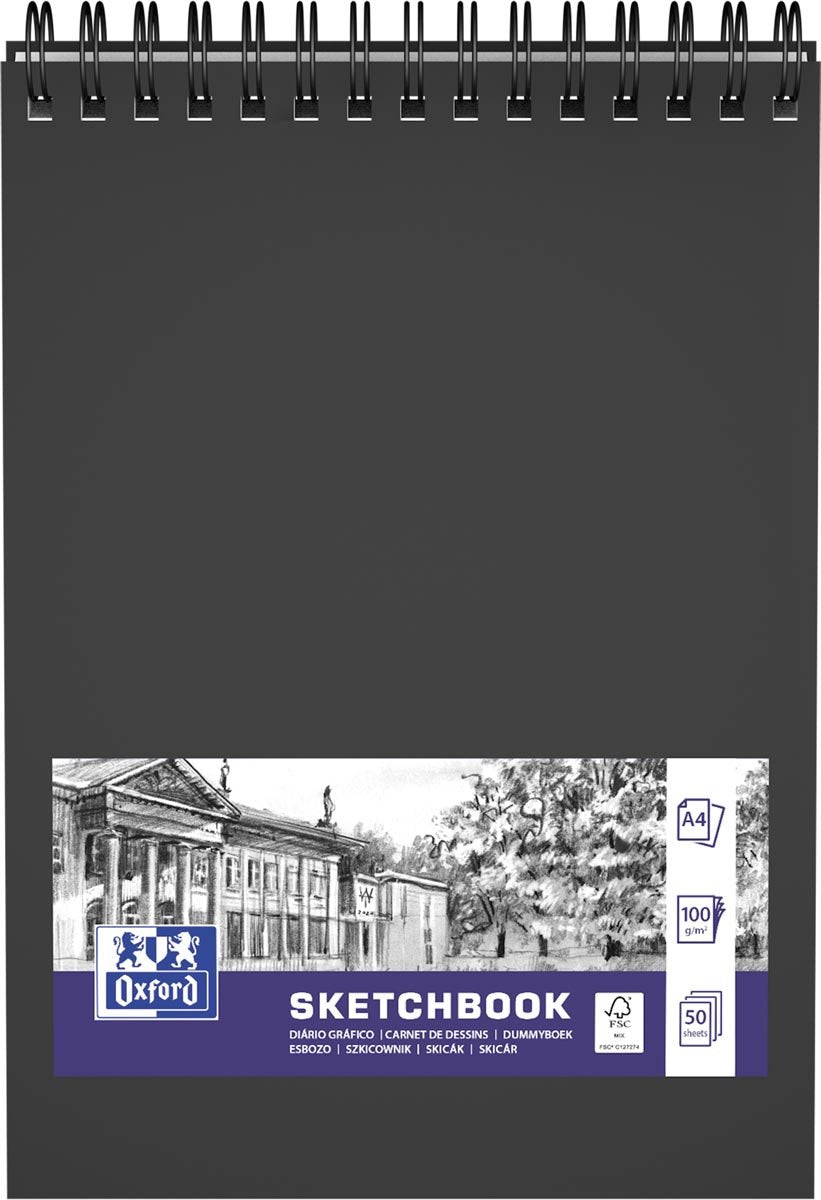 Oxford schetsboek - a4 - 50 vel - 100g papier - dubbel spiraal - harde kaft - zwart