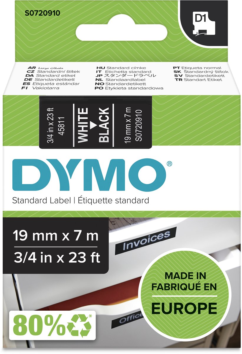 Etichette Dymo originali d1 | testo bianco su etichetta nera | 19 mm x 7 m | etichette autoadesive per la stampante per etichette Label Manager