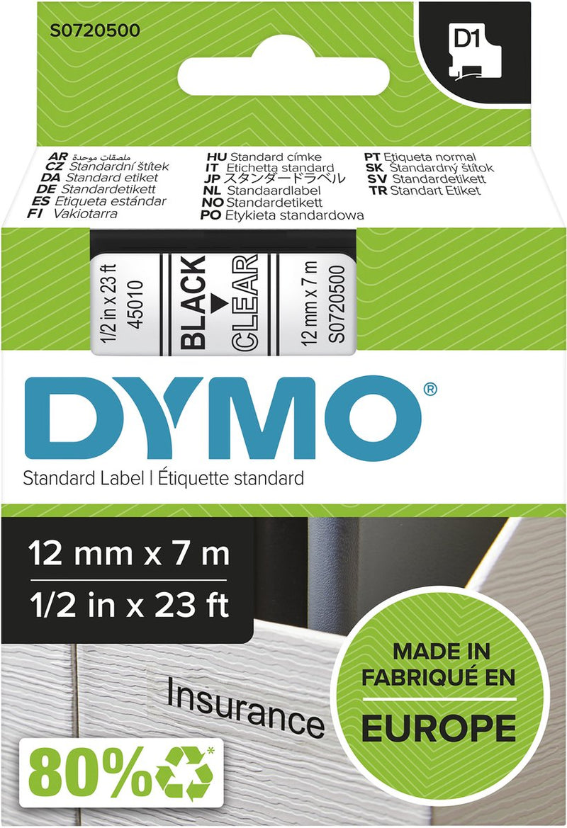 Dymo d1 - cassetta nastro - 12 mm x 7 m - nero trasparente