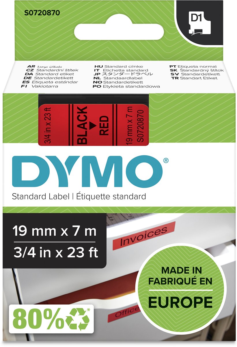 Etichette Dymo originali d1 | testo nero su etichetta rossa | 19 mm x 7 m | etichette autoadesive per l'etichettatrice label manager | prodotto in Europa
