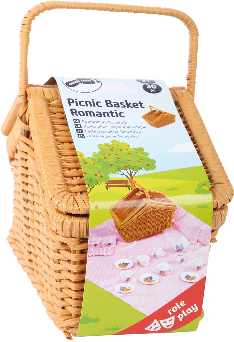Canasta de picnic de madera de pie pequeño con vajilla romántica, 30dlg.
