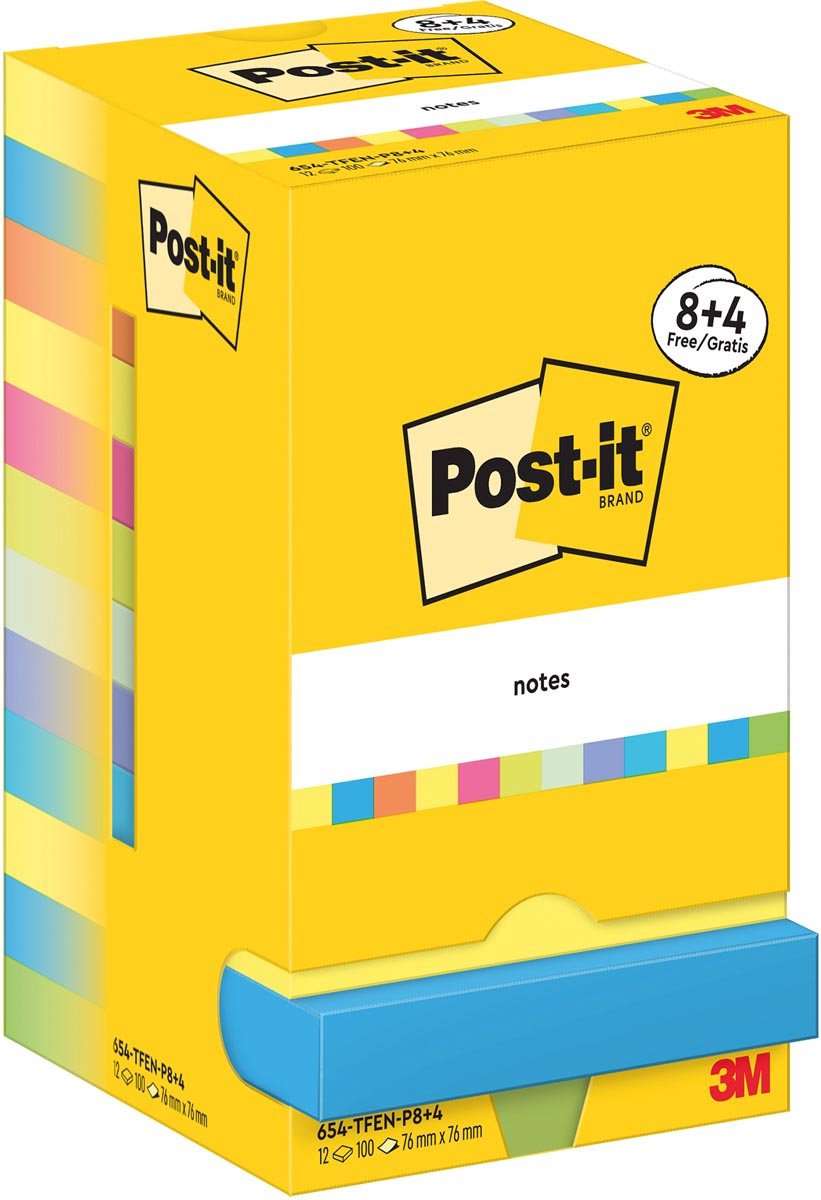 Notas adhesivas autoadhesivas post-it 654-mx-p8+4 multicolor paquete de 12 8+4