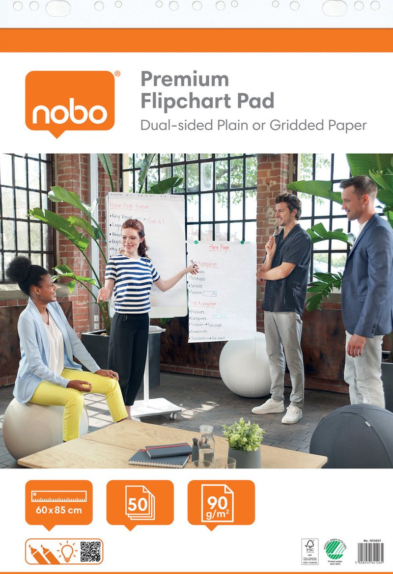Papel de rotafolio premium en rollo Nobo - 50 hojas de papel en blanco o cuadriculado de doble cara - 60x85cm - 90 gramos