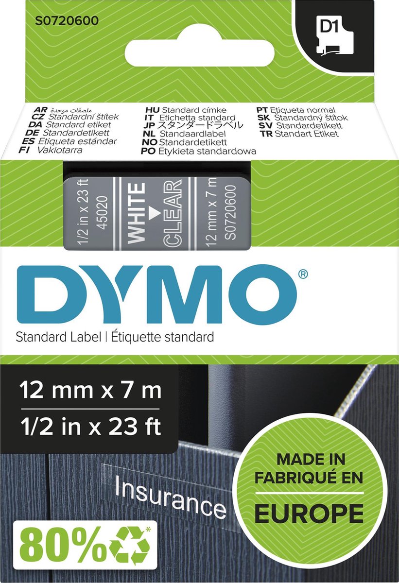 Etichette Dymo originali d1 | testo bianco su etichetta trasparente | 12 mm x 7 m | etichette autoadesive per la stampante per etichette Label Manager | prodotto in Europa