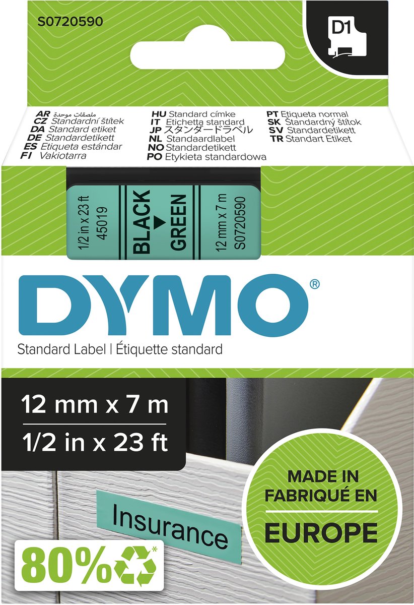 Etichette Dymo originali d1 | testo nero su etichetta verde | 12 mm x 7 m | etichette autoadesive per la stampante per etichette Label Manager | prodotto in Europa