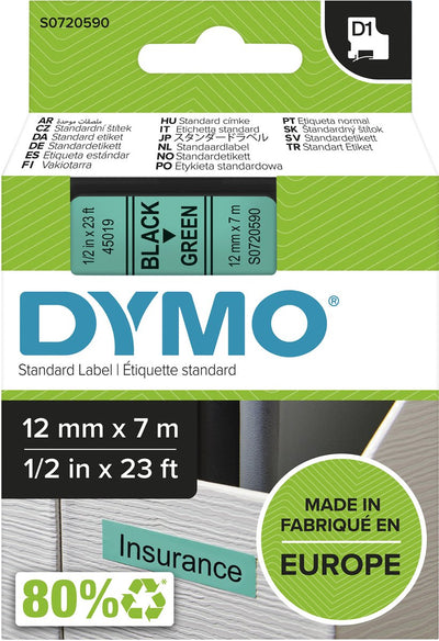 Etichette Dymo originali d1 | testo nero su etichetta verde | 12 mm x 7 m | etichette autoadesive per la stampante per etichette Label Manager | prodotto in Europa