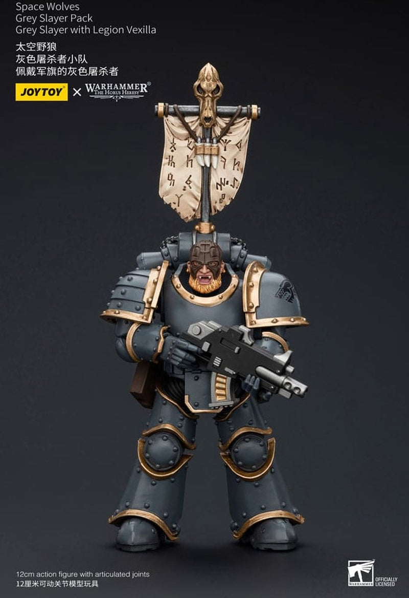 Joy toy (cn) warhammer la herejía de horus figura de acción 1 18 lobos espaciales paquete de cazador gris cazador gris con legión vexilla figura de acción de 12 cm