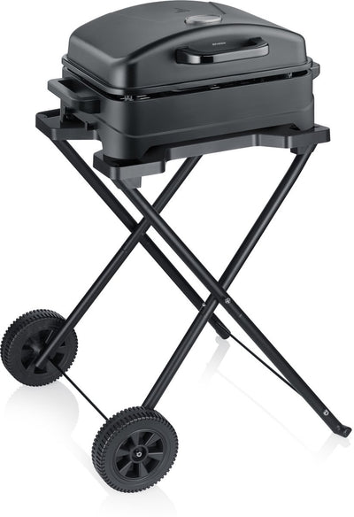Parrilla eléctrica para barbacoa de exterior Severin pg 8598 – 2300w – revestimiento cerámico – 45x30 cm – con trípode y tapa – negro mate