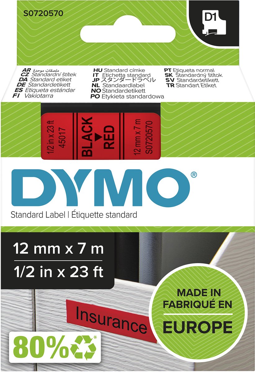 Etichette Dymo originali d1 | testo nero su etichetta rossa | 12 mm x 7 m | etichette autoadesive per l'etichettatrice label manager | prodotto in Europa