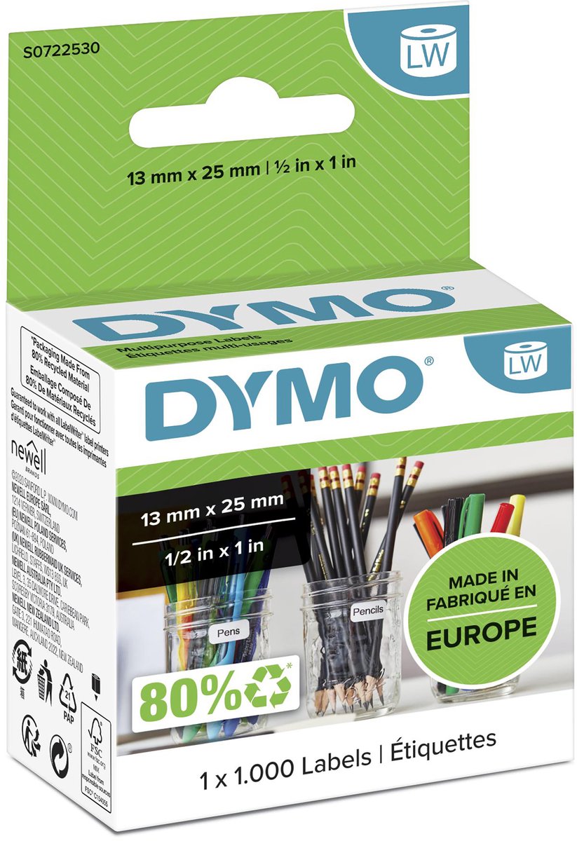 Etichette multiuso originali Dymo Small Labelwriter | 13 mm x 25 mm | 1000 etichette autoadesive | Etichette facili da rimuovere per le stampanti per etichette Labelwriter | prodotto in Europa