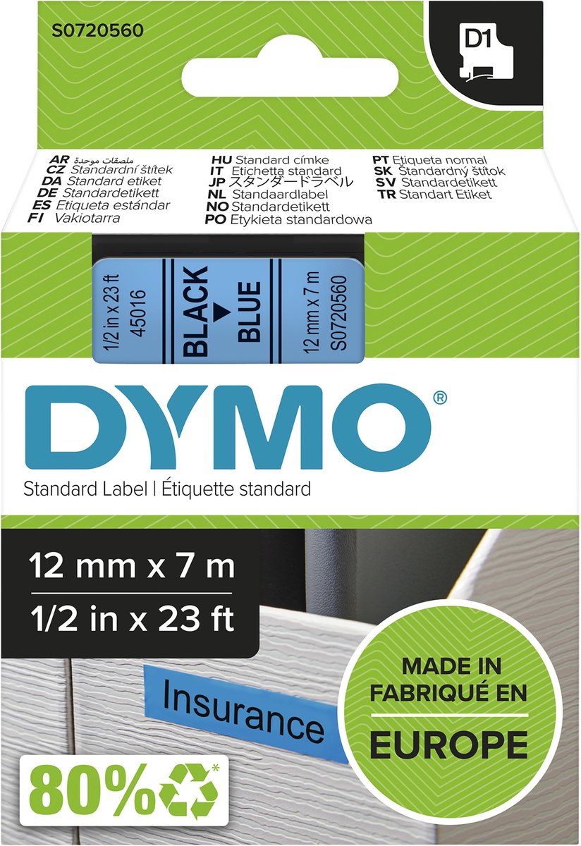 Etichette Dymo originali d1 | testo nero su etichetta blu | 12 mm x 7 m | etichette autoadesive per la stampante per etichette Label Manager | prodotto in Europa