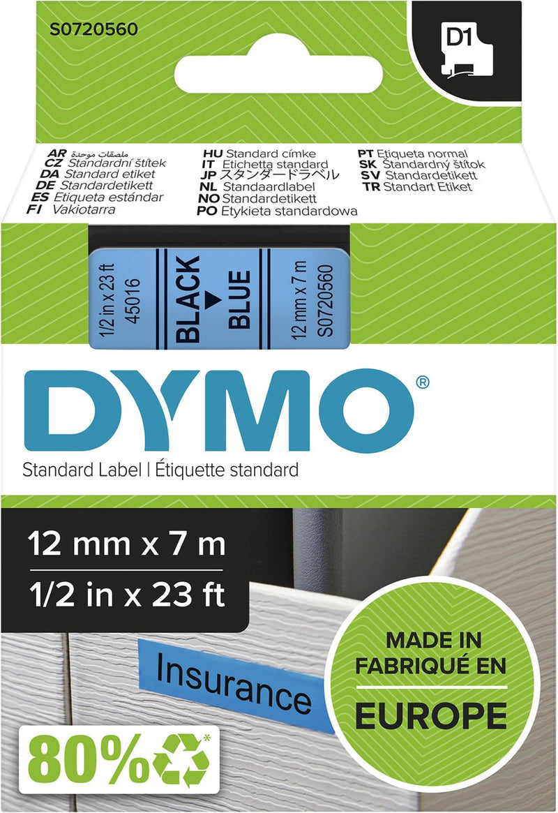 Etichette Dymo originali d1 | testo nero su etichetta blu | 12 mm x 7 m | etichette autoadesive per la stampante per etichette Label Manager | prodotto in Europa