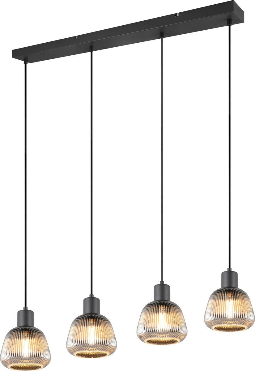 Trio tarifa - lampada a sospensione - nero opaco - vetro fumé industriale - escl. 4x e27 4 w - montaggio a soffitto - regolabile in altezza