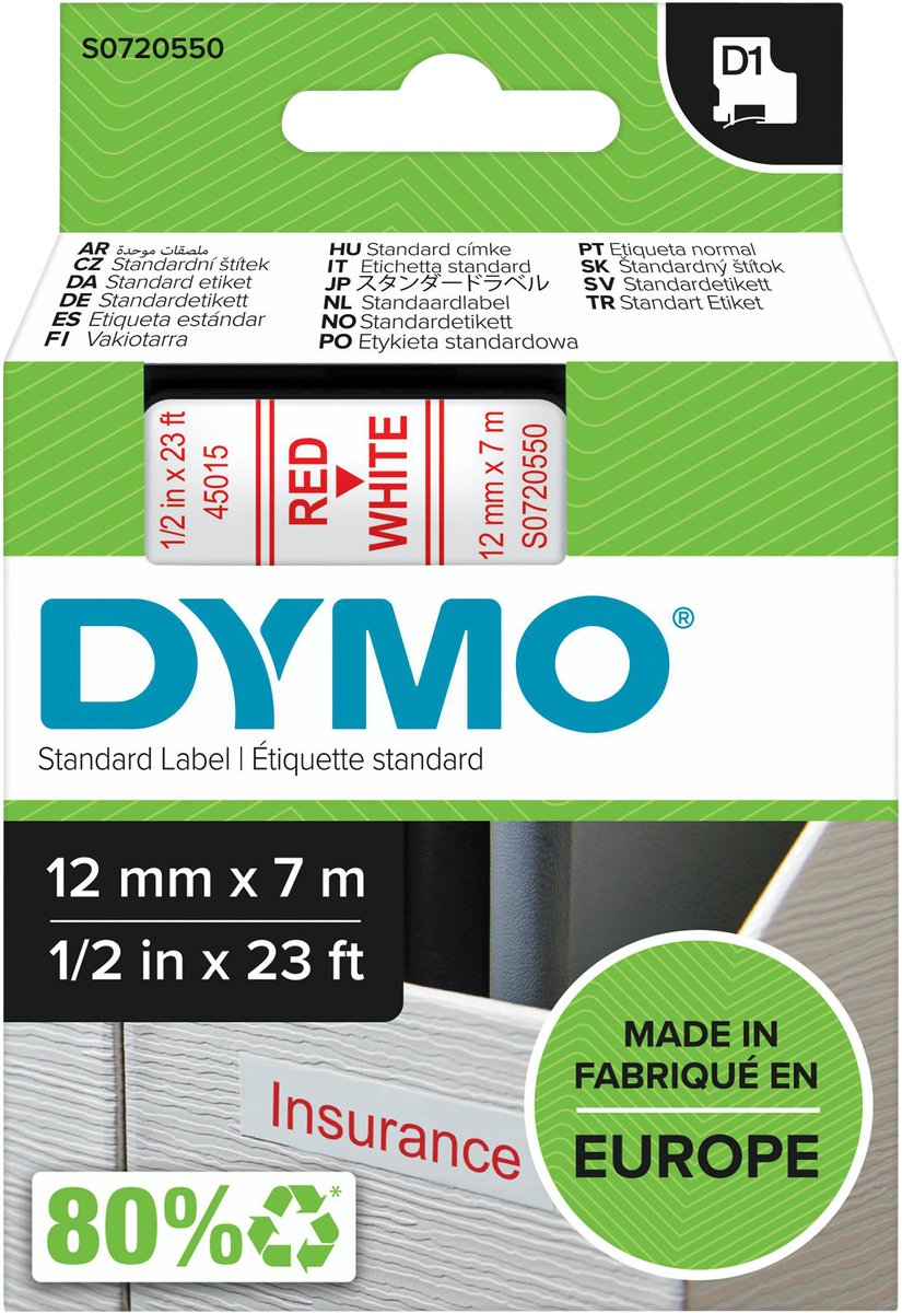 Etichette Dymo originali d1 | testo rosso su etichetta bianca | 12 mm x 7 m | etichette autoadesive per la stampante per etichette Label Manager | prodotto in Europa