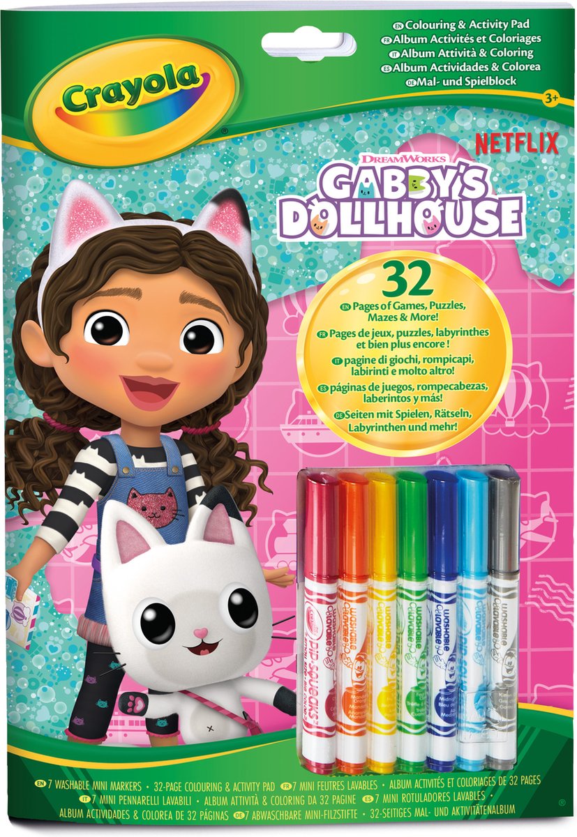 Crayola - libro da colorare - casa delle bambole di Gabby - 32 pagine da colorare e 7 mini pennarelli lavabili