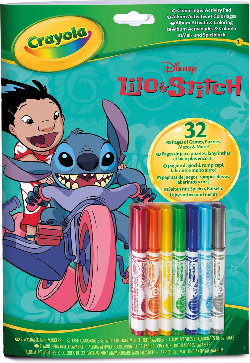 Crayola - libro da colorare - disney lilo e stitch - 32 pagine da colorare e 7 mini pennarelli lavabili