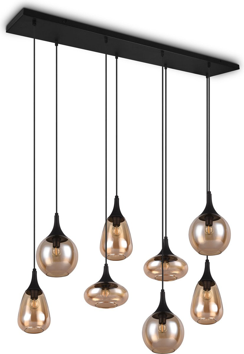 Trio lumina - lampada a sospensione - nero opaco - escl. 8x e14 40w - regolabile in altezza - vetro ambra