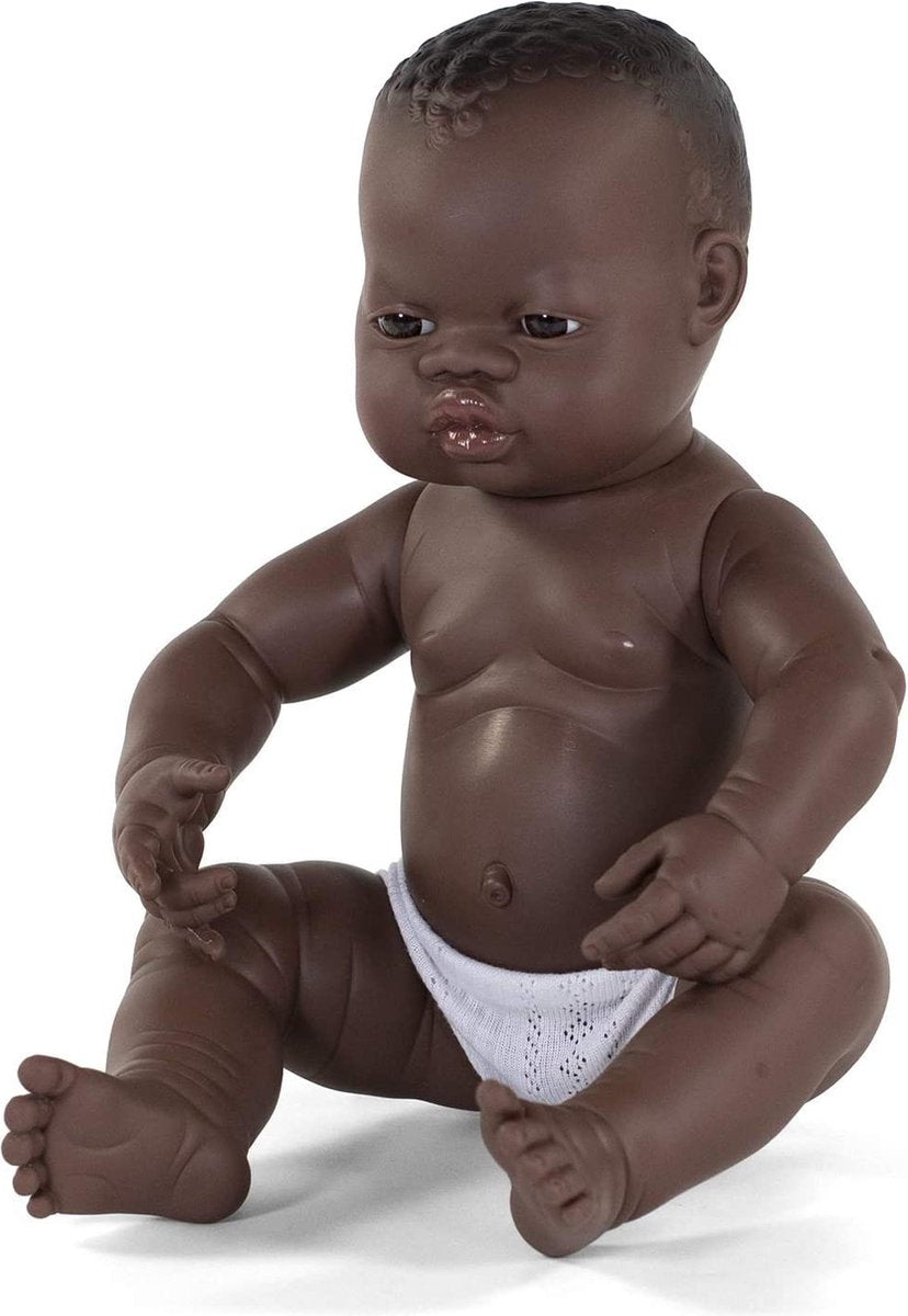 Muñeco bebé Miniland - niño africano 40cm - con aroma a vainilla - resistente al agua - 10 meses
