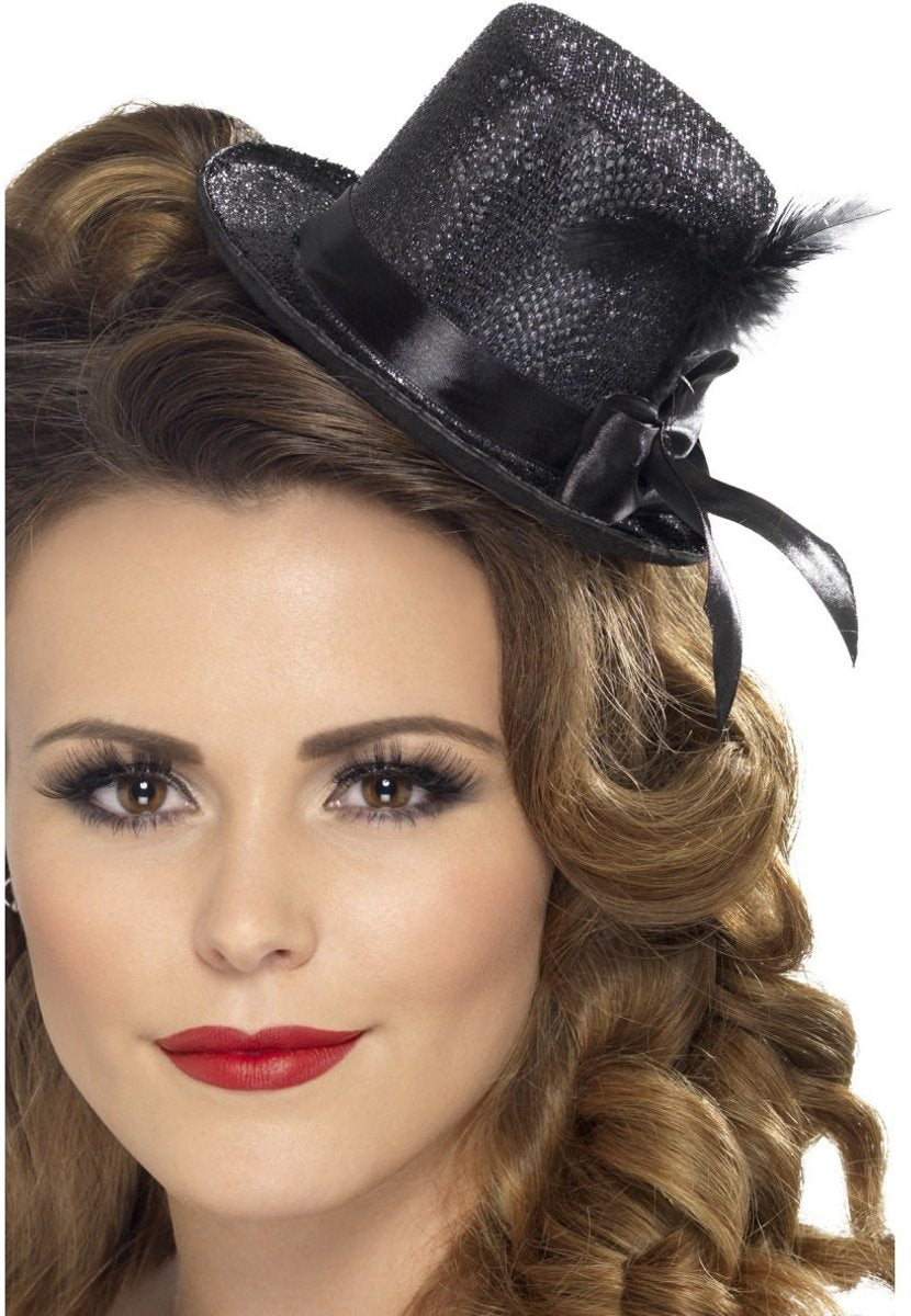 Mini cappello a cilindro Smiffys - nero - con piuma - glitter - con elastico - adulto - mini cappello - carnevale
