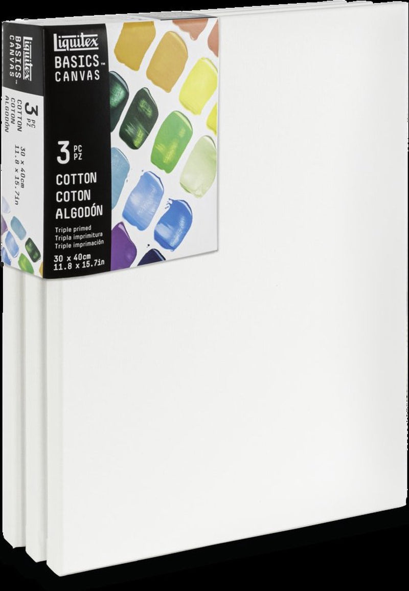 Liquitex 471030040 set tele basics 3x 30×40 cm – tela 100% cotone, ca. 280 g/m², tripla mano di fondo, per pittura a olio acrilica
