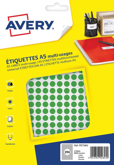 Blister rotondo Avery label a5 8 mm 2940 pezzi verde
