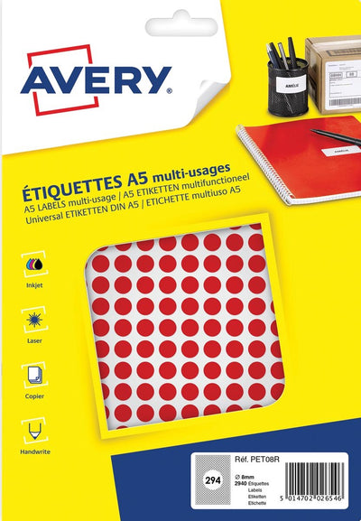 Blister rotondo Avery label a5 8 mm 2940 pezzi rosso