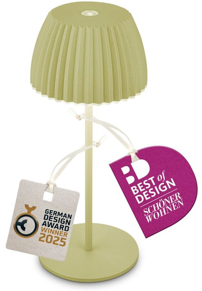 B.k.licht briloner champ mini - mini lámpara de mesa recargable - lámpara inalámbrica - regulable táctil - para interior y exterior - ganador del premio de diseño alemán 2025 - verde pastel - ø8,5 x 20cm