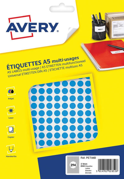 Blister rotondo Avery label a5 8 mm 2940 pezzi blu