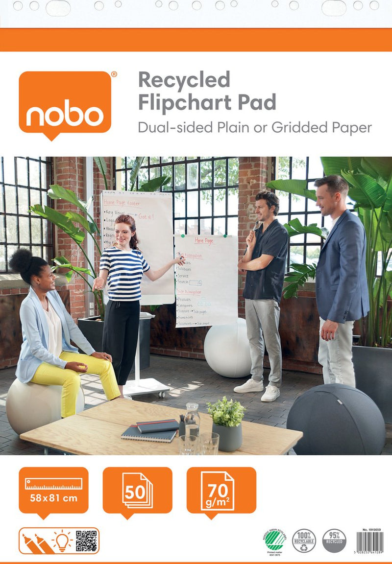 Papel de rotafolio reciclado Nobo en rollo - 50 hojas de papel en blanco o a cuadros de doble cara - 58x81cm - 70 gramos