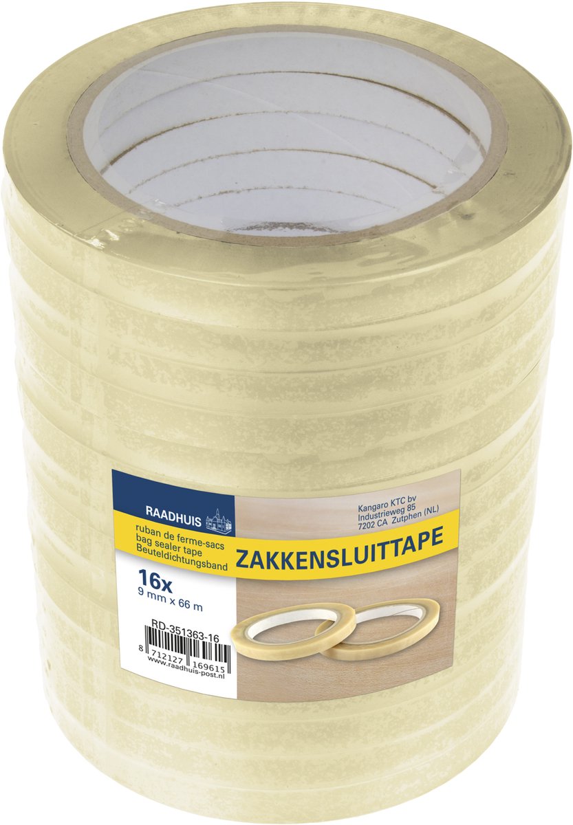 Nastro di chiusura del sacchetto Raadhuis - pp trasparente - 9 mm x 66 m - termoretraibile con 16 rotoli - nastro di chiusura del sacchetto - rd-351363-16
