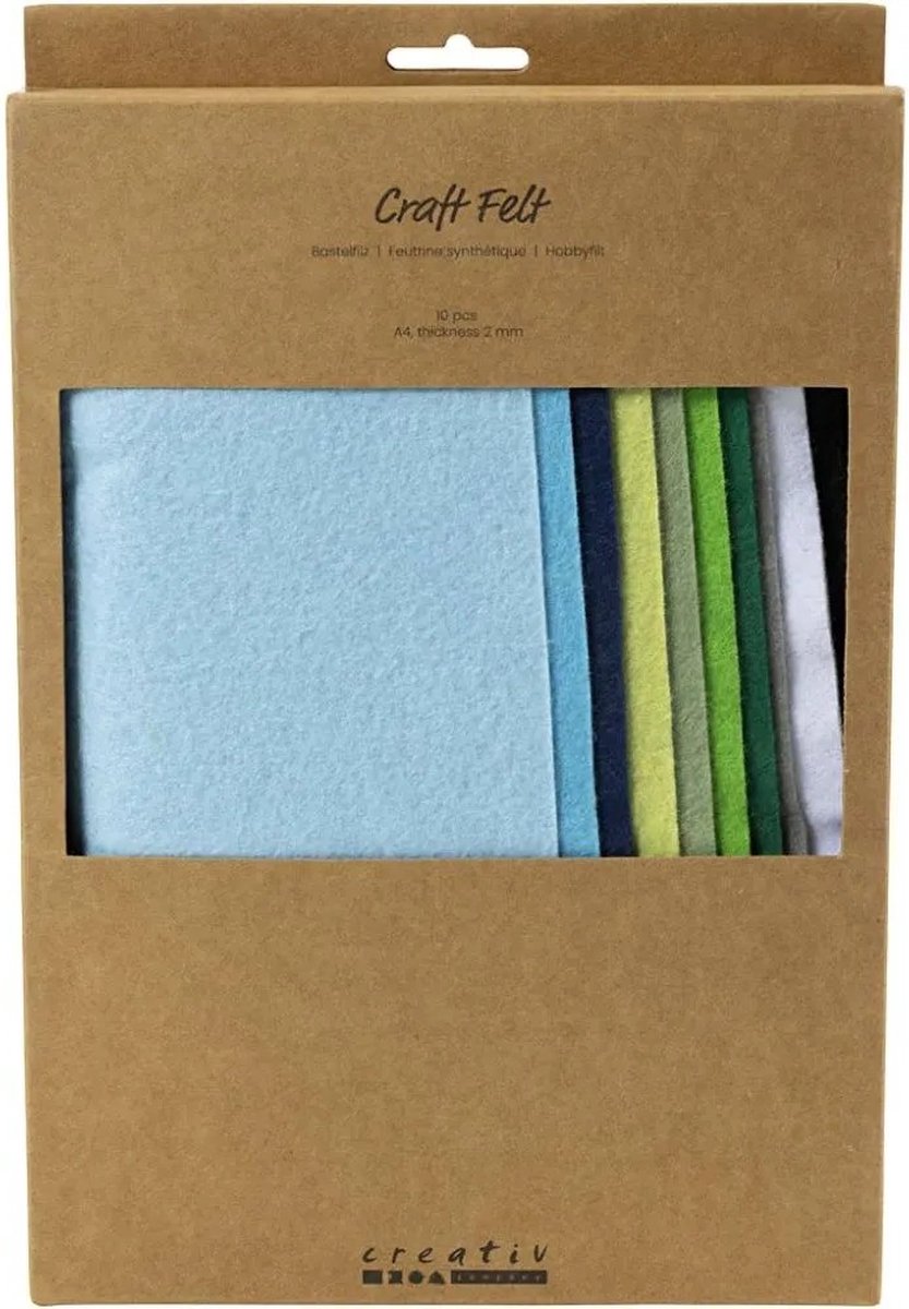 Feltro hobby Creative Company, a4, foglio 210x297 mm, spessore 2 mm, armonia verde blu, 10 pezzi 1 scatola