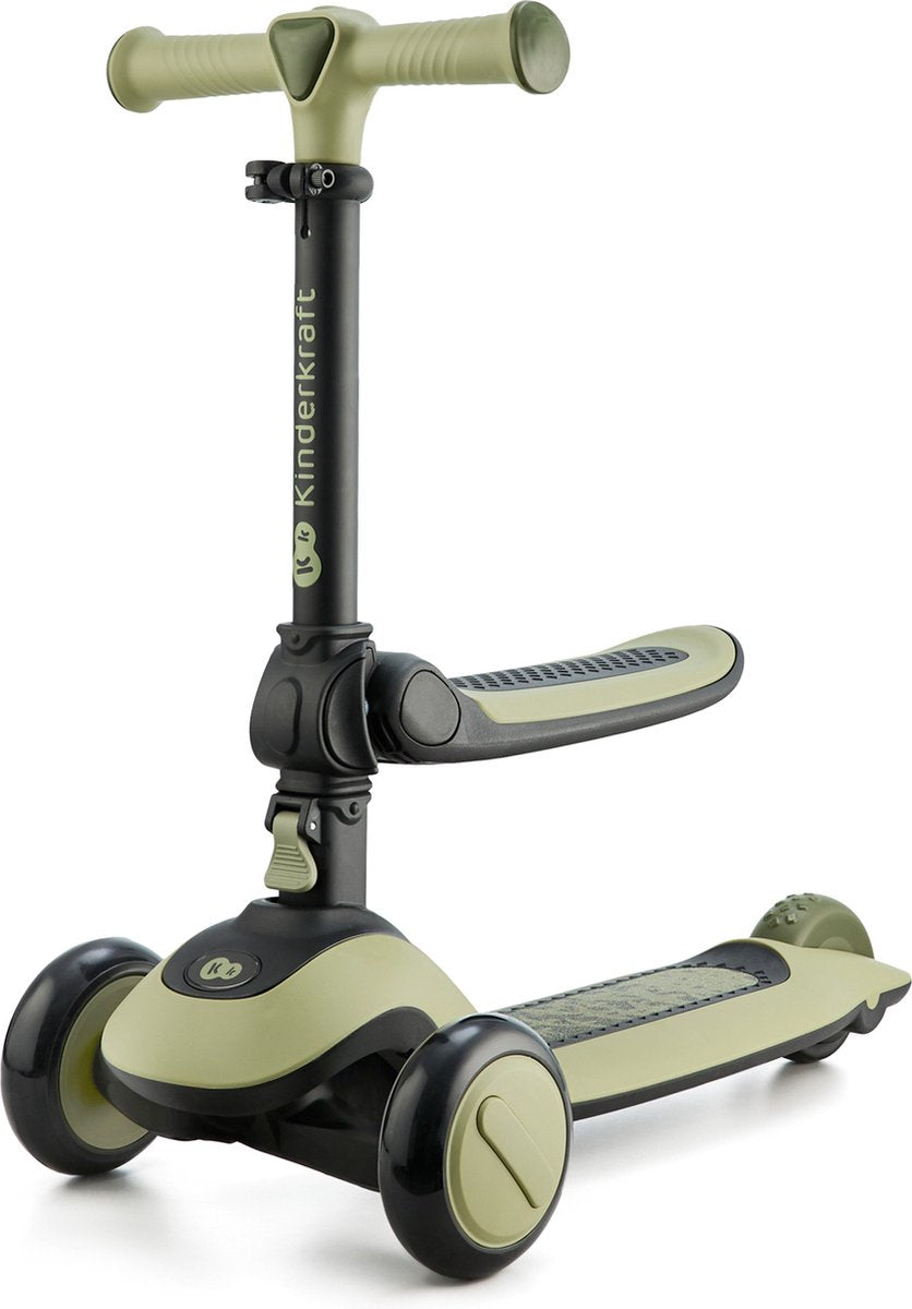Kinderkraft Halley Patinete triciclo y bicicleta sin pedales 2 en 1 - para niños de 1 a 5 años, máximo 50 kg - sillín y manillar ajustables, plegable, ruedas LED - verde