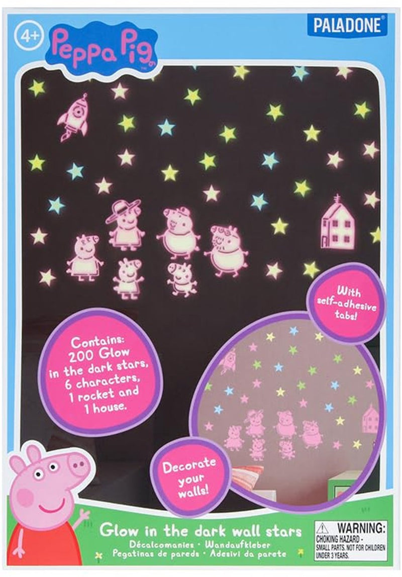 Paladone peppa pig pegatinas de pared que brillan en la oscuridad - decoración infantil con licencia oficial con 200 estrellas y personajes -