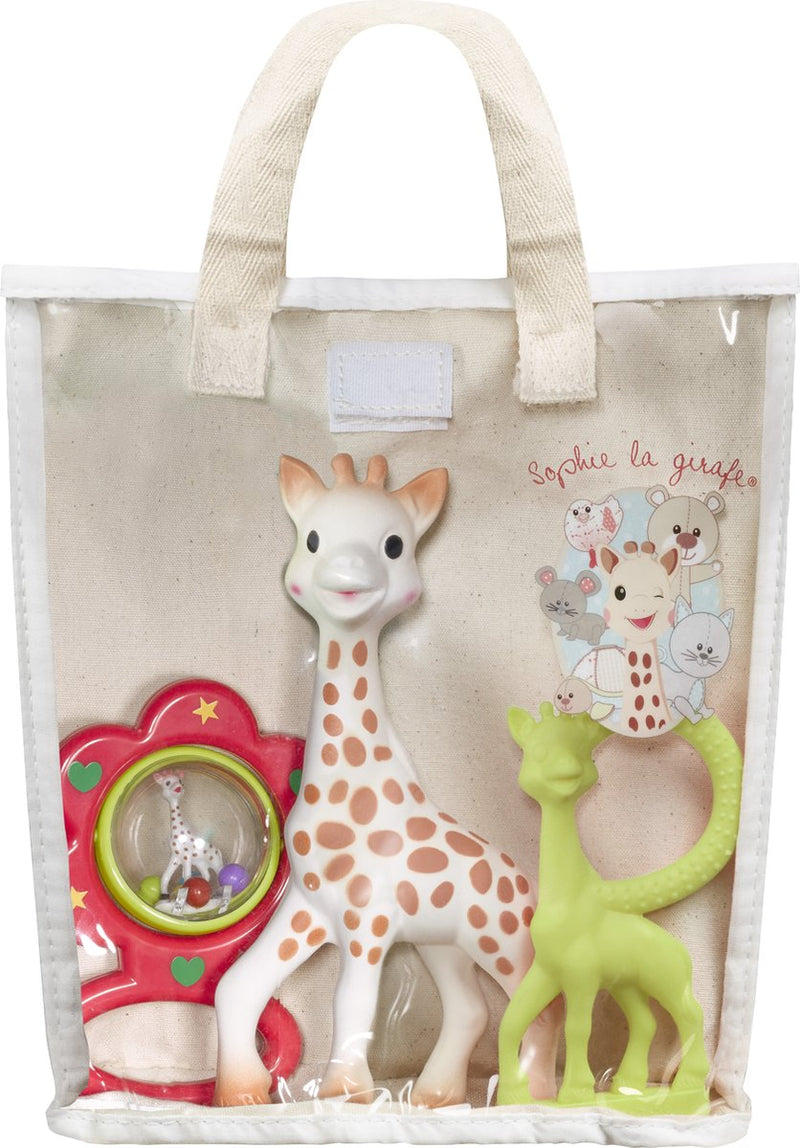 Set de regalo Sophie la jirafa en bolsa de regalo de algodón - anillo de dentición con sonajero - regalo de maternidad - regalo de baby shower - 4 piezas