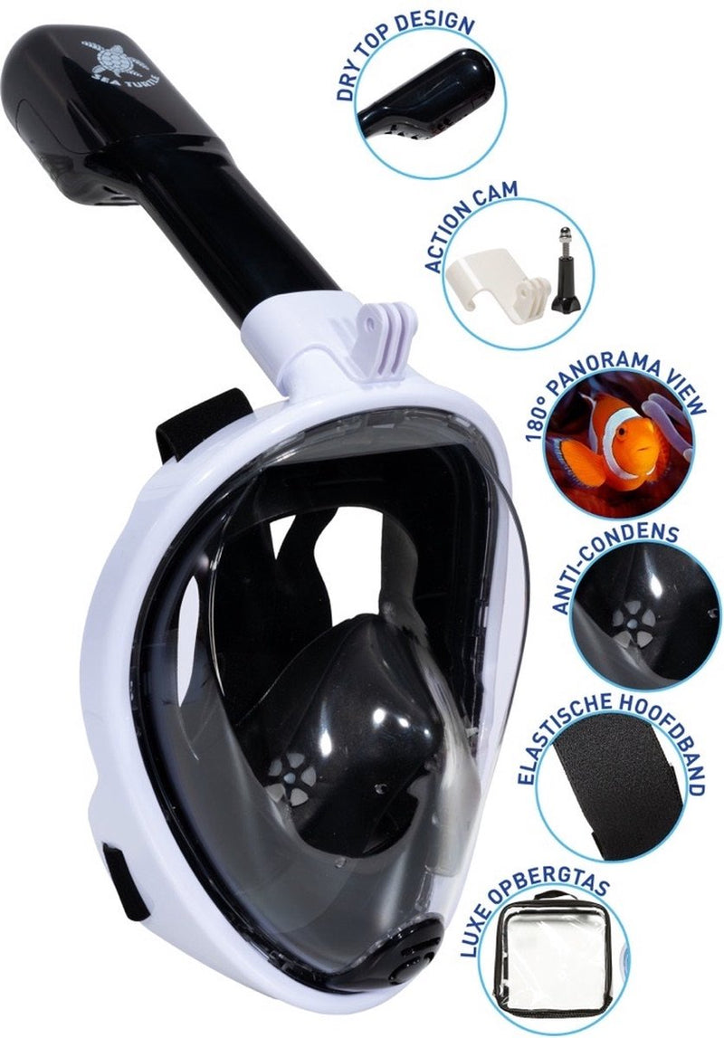 Maschera da snorkeling per tartaruga marina - boccaglio - occhialini da sub - set boccaglio - maschera integrale - adulti - bianco nero - L XL