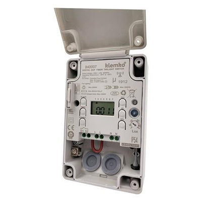 Interruttore crepuscolare Klemko 230v 10a lux regolabile + timer incl. programma settimanale.