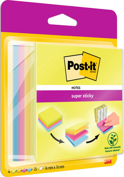 Post-it® super sticky notes, neon green, canary yellow™, fuschia, Mediterranean blue, 76mm x76 mm, 75 leaves block, 4 blocks
