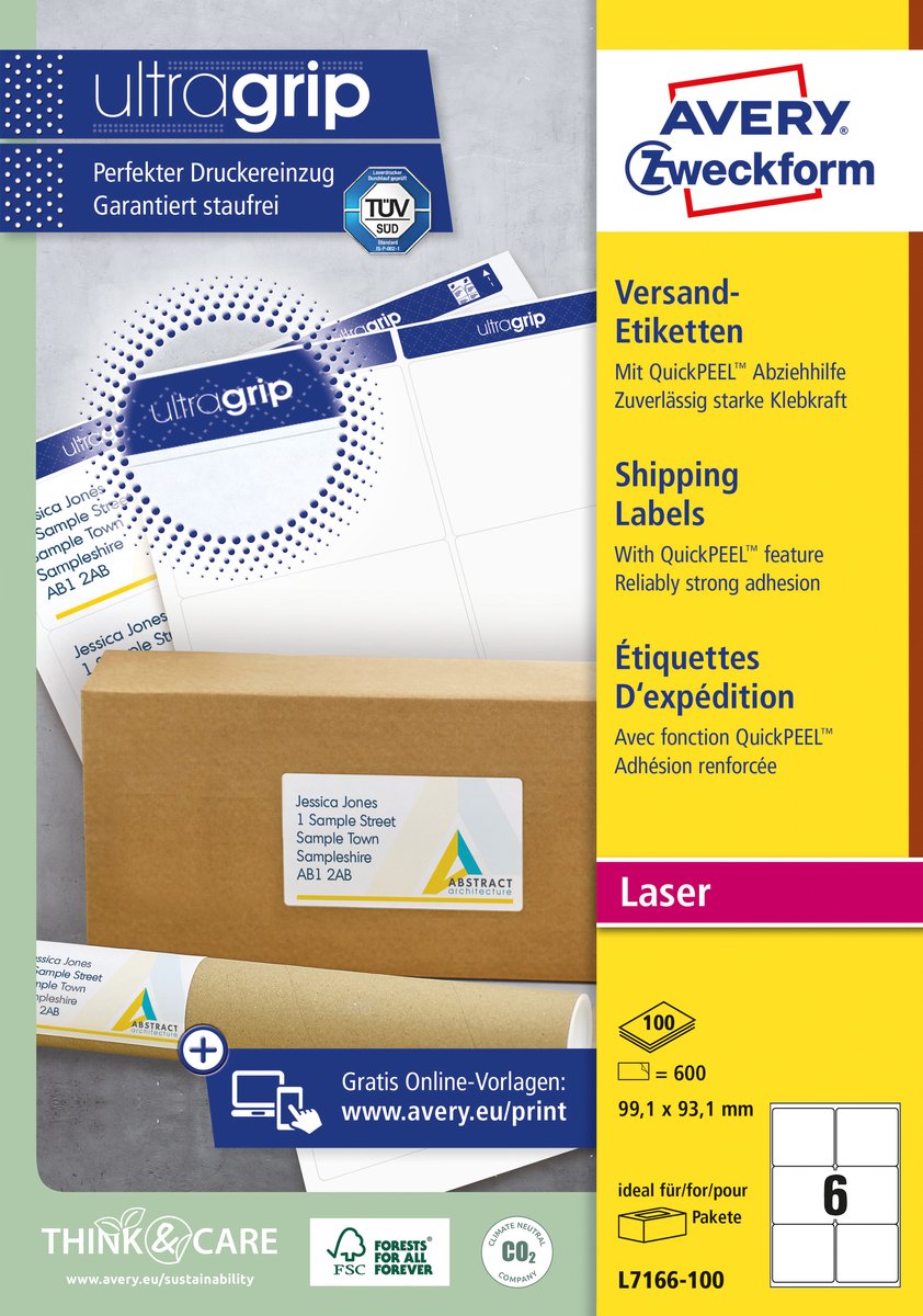 Avery witte laseretiketten quickpeel doos van 100 blad formaat 991 x 931 mm (b x h) 600 stuks 6 per blad