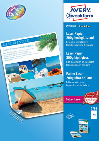 Carta laser Avery colorata A4 bianca 200gr scatola da 100 fogli