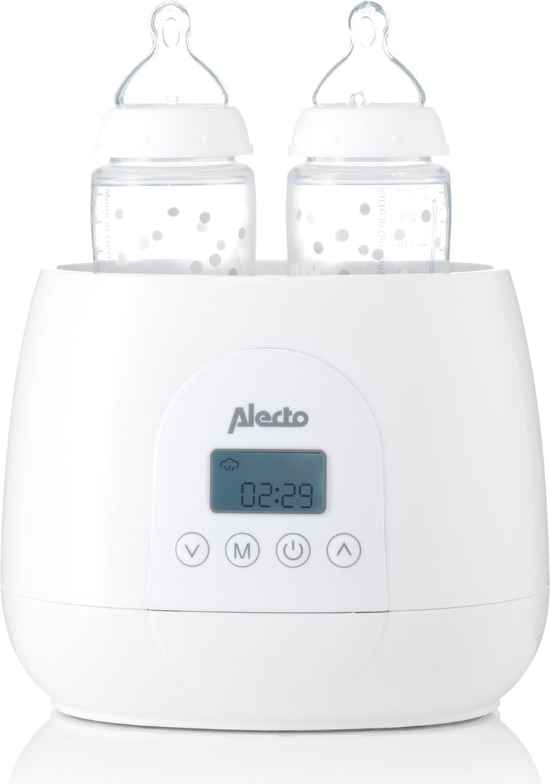 Alecto bw700twin - scaldabiberon digitale doppio 500w per riscaldare, sterilizzare e scongelare - scalda 2 biberon contemporaneamente - inclusa cappa vapore - bianco