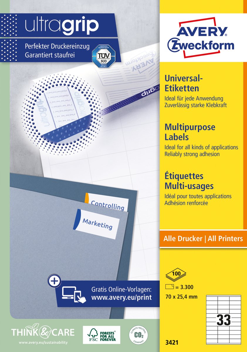Avery universele etiketten, wit, 70,0 x 25,4 mm, permanent klevend