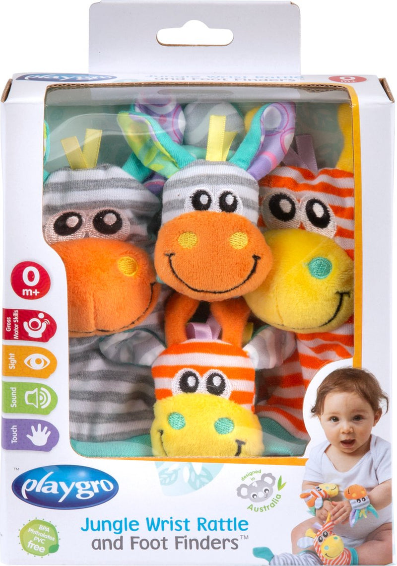 Playgro set sonaglino polso e piede giungla giraffa zebrata - set di 4 pezzi, 2 braccialetti e 2 calzini sonagli - giocattoli per bambini - giocattoli 1 anno - regalo di maternità - set regalo per bambini