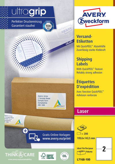 Etichette laser bianche Avery scatola Quickpeel da 100 fogli dimensioni 1996 x 1435 mm (l x a) 200 pezzi 2 per foglio