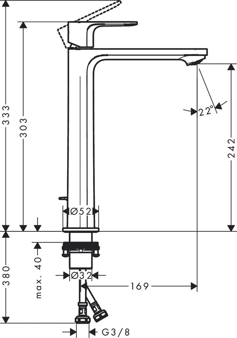 Hansgrohe rebris e - miscelatore per lavabo - funzionamento monocomando - risparmio energetico cool start - ecosmart+ risparmio idrico - con piletta - dimensione 240 mm - nero opaco