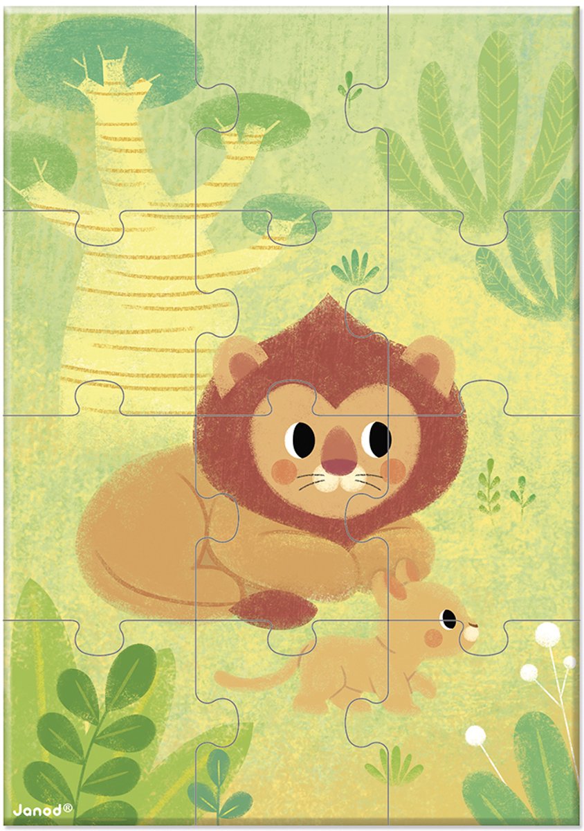Puzzle Janod - Puzzle de colección de animales de la selva de cartón de 12 piezas.