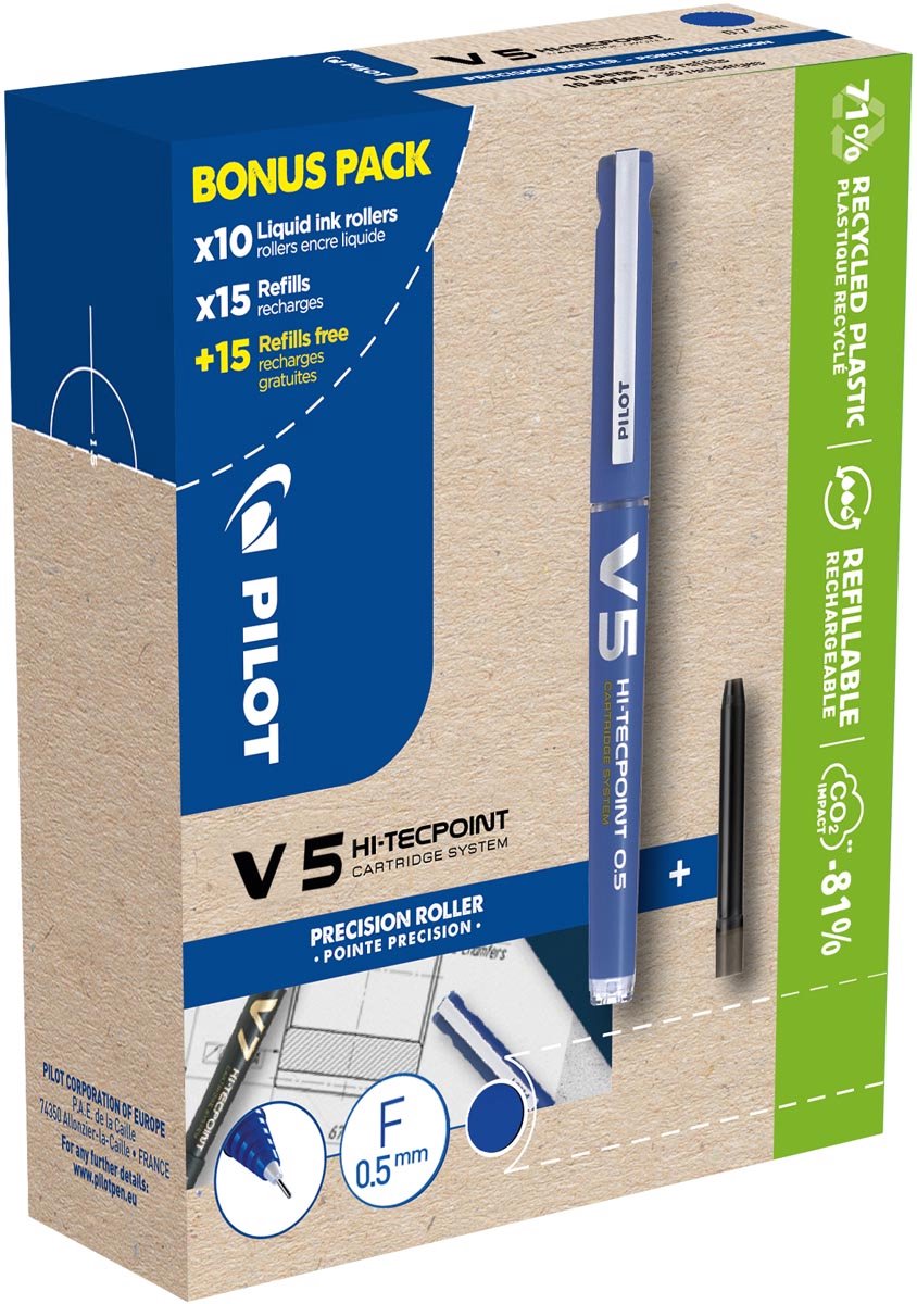 Pilot hi-tecpoint v5, 10 rulli + 30 ricariche, fini, blu