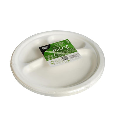 Papstar 12 platos caña de azúcar pura 3 compartimentos ø23cm